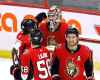 FRED CHARTRAND / THE CANADIAN PRESS
Ottawa Senators goaltender Anders Nilsson (31) celebrates a win over the Winnipeg Jets with teammates Rudolfs Balcers (38) Maxime Lajoie (58) and Mark Stone (61) in Ottawa Saturday. It will likely take a king's ransom for a team to land Stone.