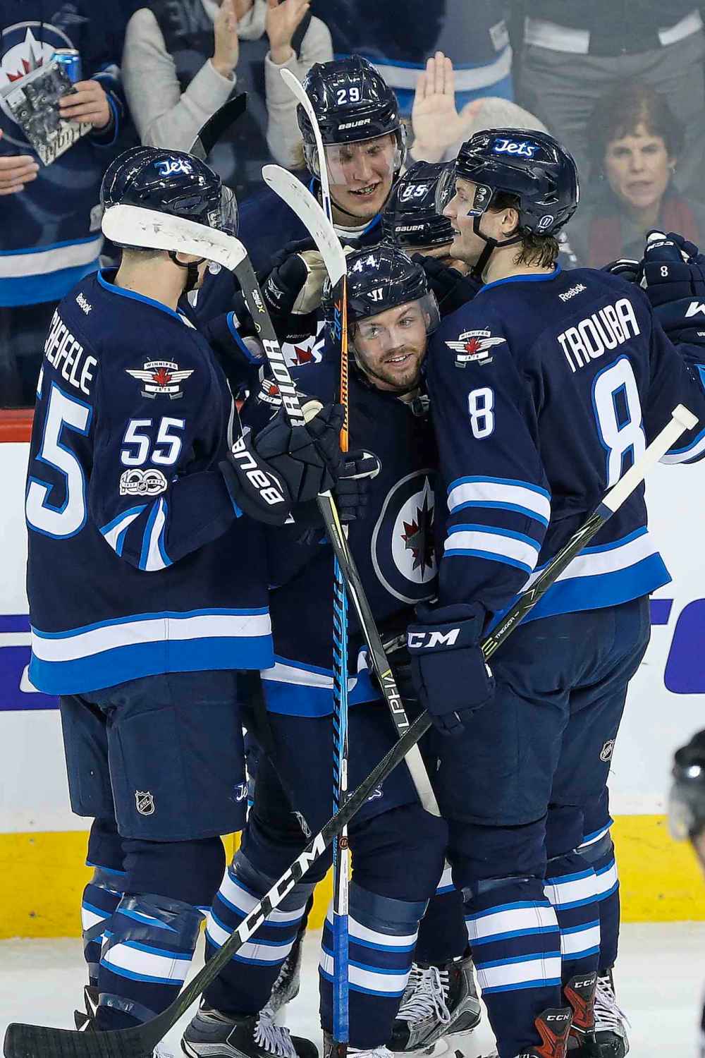 JOHN WOODS / WINNIPEG FREE PRESS FILES
Winnipeg Jets' Mark Scheifele (55), Patrik Laine (29) and Jacob Trouba (8) and Josh Morrissey (44) are part of a young Jets core that is the envy of the league.
