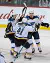 PHIL HOSSACK / WINNIPEG FREE PRESS
St Louis Blues' Tyler Bozak celebrates with Robert Bortuzzo and Robert Thomas after scoring the game-winning goal against the Winnipeg Jets late in the 3rd period, Wednesday.