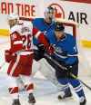 PHIL HOSSACK / WINNIPEG FREE PRESS
Winnipeg Jets' Laurent Brossoit peers over Detroit Red Wings' Thomas Vanek Friday.