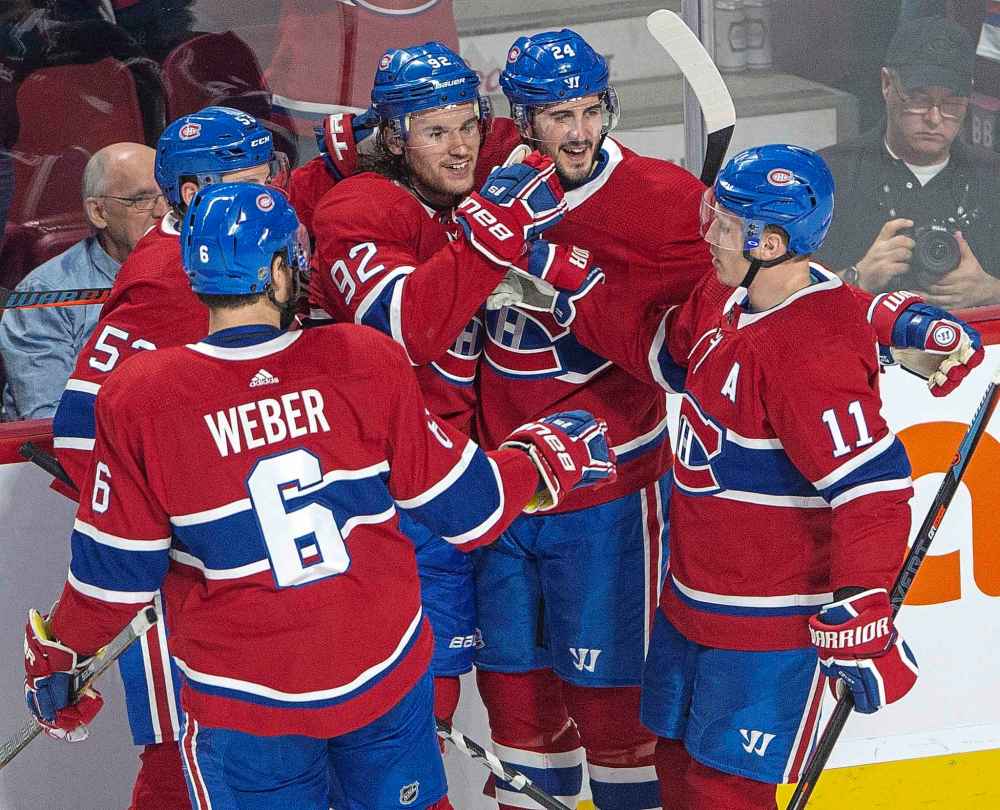 CP
Montreal Canadiens left wing Jonathan Drouin (92) celebrates with teammates after scoring his second goal of the game during second period NHL hockey action against the Winnipeg Jets Thursday, February 7, 2019 in Montreal. THE CANADIAN PRESS/Ryan Remiorz
