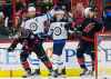 (AP Photo/Gerry Broome)
Winnipeg Jets' Blake Wheeler, left, and Mark Scheifele celebrate following Wheeler's goal while Carolina Hurricanes' Dougie Hamilton and Jaccob Slavin, right, skate away during the first period in Raleigh, N.C., Friday.