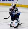 (AP Photo/Matt Marton)
Winnipeg Jets centre Jack Roslovic celebrates his goal with defenceman Tyler Myers during the second period Monday in Chicago.