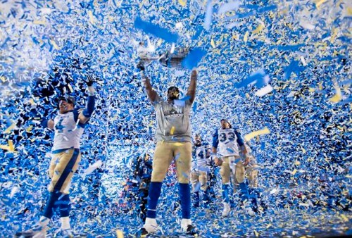 The Winnipeg Blue Bombers celebrate winning the 107th Grey Cup against the Hamilton Tiger Cats in Calgary, Alta., Sunday, November 24, 2019. THE CANADIAN PRESS/Nathan Denette