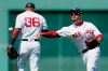 Boston Red Sox's Mookie Betts throws to first base for the out on Tampa Bay Rays' Willy Adames after Eduardo Nunez (36) missed the catch on the play during the fourth inning of the first baseball game of a doubleheader in Boston, Saturday, June 8, 2019. (AP Photo/Michael Dwyer)