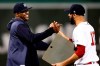 Boston Red Sox's David Price (10) greets New York Yankees' CC Sabathia during a ceremony to honor Sabathia before a baseball game in Boston, Sunday, Sept. 8, 2019. (AP Photo/Michael Dwyer)