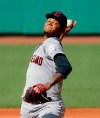 Cleveland Indians starting pitcher Jefry Rodriguez (68) pitches to a Boston Red Sox batter during the first inning of a baseball game, Monday, May 27, 2019, in Boston. (AP Photo/Mary Schwalm)