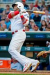 Minnesota Twins' Nelson Cruz watches his RBI double against the Detroit Tigers during the first inning of a baseball game Friday, Aug. 23, 2019, in Minneapolis. (AP Photo/Bruce Kluckhohn)
