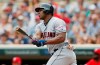 Cleveland Indians' Yasiel Puig hits an RBI double off Minnesota Twins pitcher Jose Berrios in the first inning of a baseball game Sunday, Aug. 11, 2019, in Minneapolis. (AP Photo/Jim Mone)