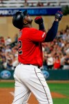 Minnesota Twins' Miguel Sano celebrates his solo home run off Kansas City Royals pitcher Mike Montgomery during the third inning of a baseball game Thursday, Sept. 19, 2019, in Minneapolis. (AP Photo/Jim Mone)