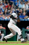 Boston Red Sox's Jackie Bradley Jr. watches his three-run double during the fifth inning of the team's baseball game against the Kansas City Royals on Wednesday, June 5, 2019, in Kansas City, Mo. (AP Photo/Charlie Riedel)
