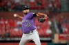 Colorado Rockies starting pitcher German Marquez throws during the first inning of the team's baseball game against the St. Louis Cardinals on Thursday, Aug. 22, 2019, in St. Louis. (AP Photo/Jeff Roberson)