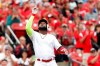 St. Louis Cardinals' Marcell Ozuna celebrates after hitting a triple during the second inning of a baseball game against the Colorado Rockies Sunday, Aug. 25, 2019, in St. Louis. (AP Photo/Jeff Roberson)