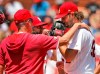 St. Louis Cardinals pitching coach Mike Maddux, left, talks with starting pitcher Michael Wacha during the third inning in the first game of a baseball doubleheader against the Kansas City Royals Wednesday, May 22, 2019, in St. Louis. (AP Photo/Jeff Roberson)