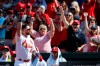 St. Louis Cardinals' Rangel Ravelo tips his cap to fans after hitting his first major league home run during the eighth inning of a baseball game against the San Francisco Giants, Thursday, Sept. 5, 2019, in St. Louis. (AP Photo/Jeff Roberson)