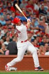 St. Louis Cardinals' Paul Goldschmidt watches his single during the fourth inning of a baseball game against the Chicago Cubs Tuesday, July 30, 2019, in St. Louis. (AP Photo/Jeff Roberson)
