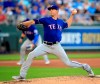 Texas Rangers starting pitcher Mike Minor delivers to a Kansas City Royals batter during the first inning of a baseball game at Kauffman Stadium in Kansas City, Mo., Wednesday, May 15, 2019. (AP Photo/Orlin Wagner)