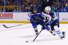 Billy Hurst / The Canadian Press files
Winnipeg Jets defenceman Josh Morrissey (right) blows past St. Louis Blues forward Ryan Reaves in a game earlier this month. On Thursday, Morrissey blew a shot past a gaping goal.