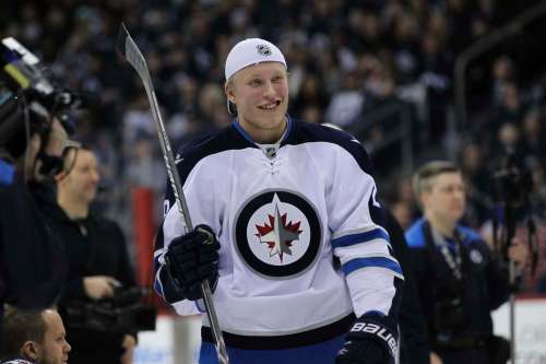 RUTH BONNEVILLE / WINNIPEG FREE PRESS 
Patrik Laine is all smiles after winning the accuracy test event with a time of 8.4 seconds at the annual Winnipeg Jets Skills Competition at MTS Centre Friday night.