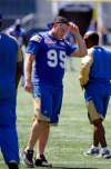 BORIS MINKEVICH / WINNIPEG FREE PRESSWinnipeg Blue Bombers defensive tackle Jake Thomas takes a break during a walkthrough in preparation for tonight's game against the Calgary Stampeders.