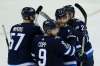 JOHN WOODS / WINNIPEG FREE PRESS
Winnipeg Jets celebrate Adam Lowry 's goal against the Arizona Coyotes during second period NHL action in Winnipeg on Tuesday.