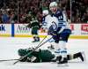 The Winnipeg Jets' Josh Morrissey (44) and a fallen Eric Staal (12) of the Minnesota Wild in the first period during Game 4 of the first-round Stanley Cup Playoff series on Tuesday, April 17, 2018, at the Xcel Energy Center in St. Paul, Minn. The Jets won, 2-0, for a 3-1 series lead. (Carlos Gonzalez/Minneapolis Star Tribune/TNS)