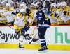 THE CANADIAN PRESS/John Woods
Nashville Predators' P.K. Subban celebrates his goal against the Winnipeg Jets' as Dustin Byfuglien looks at the scoreboard during the second period of game four in Winnipeg on Thursday.