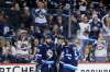JOHN WOODS / WINNIPEG FREE PRESS
Winnipeg Jets' Blake Wheeler (26), Mark Scheifele (55) and Dmitry Kulikov (5) celebrate Scheifele's second goal of the game during second period pre-season NHL action against the Edmonton Oilers in Winnipeg on Sunday, September 23, 2018.