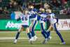 AMBER BRACKEN / THE CANADIAN PRESS FILES
Winnipeg Blue Bombers' Drake Nevis (92) celebrates a quarterback sack on the Edmonton Eskimos with teammates Jovan Santos-Knox (45), Anthony Gaitor (23) and Gerald Rivers (56) during second half CFL action in Edmonton, Alta., on Saturday September 29, 2018.