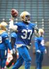 RUTH BONNEVILLE / WINNIPEG FREE PRESS PHOTOS
Winnipeg Blue Bombers defensive back Brandon Alexander lines up a pass at practice at Investors Group Field Tuesday.