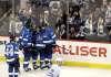Josh Morrissey (44), Jacob Trouba (8), Mark Scheifele (55) and Blake Wheeler (26) celebrate with teammate Ehlers after he scored against the Toronto Maple Leafs Wednesday night. (Trevor Hagan / The Canadian Press)