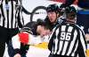 MacKenzie Weegar (left) and Brendan Lemieux duke it out Friday. Lemieux would later be assessed a match penalty for an illegal hit to the head of Vincent Trocheck and was kicked out of the game. (Martti Kainulainen / Lehtikuva)