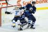 JOHN WOODS / WINNIPEG FREE PRESS
Winnipeg Jets&rsquo; Tyler Myers takes St. Louis Blues&rsquo; Jaden Schwartz out of the play in front of the Jets net.