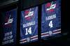 The banners for new Winnipeg Jets Hall of Fame members Ab McDonald and Lars-Erik Sjoberg were unveiled at Bell MTS Place Tuesday prior to the game against the Minnesota Wild. (John Woods / Winnipeg Free Press)