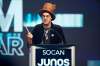 Jeremy Dutcher, the winner of Indigenous music album, speaks at the Juno Gala Dinner and Awards in London, Ont., Saturday, March 16, 2019. (Geoff Robins / The Canadian Press)