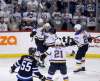 TREVOR HAGAN / WINNIPEG FREE PRESS files
St. Louis Blues (from left) Carl Gunnarsson, Jaden Schwartz, Tyler Bozak and Alexander Steen celebrate Thursday&rsquo;s late game-winning goal against the Jets at Bell MTS Place.