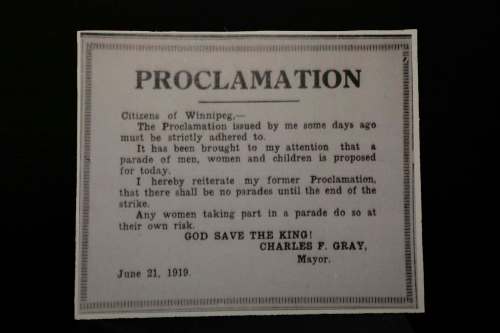 RUTH BONNEVILLE / WINNIPEG FREE PRESS
In then-mayor Charles F. Gray’s June 21, 1919 proclamation ordering citizens not to participate in parades, he said women who ignore the warning do so at their own risk.