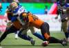 Darryl Dyck / The Canadian Press files
Bombers QB Matt Nichols (left) drops the ball as he&rsquo;s hit by then-Lion Maxx Forde in 2017.