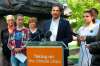 Wab Kinew, surrounded by members of the NDP and Manitoba Youth for Climate Action, spoke on the legislative grounds Friday about his party's climate policy plans. (Jessica Botelho-Urbanski photos / Winnipeg Free Press)