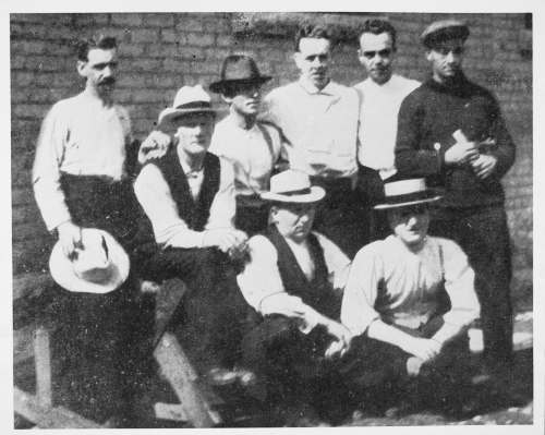 Archives of Manitoba
Strike leaders at the Vaughan Street Jail in 1920. R.E. Bray (from left), G. Armstrong, J. Queen, W.A. Ivens, R.B. Russell, R.J. Johns, A.A. Heaps and W.A. Pritchard.