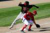 JOHN WOODS / WINNIPEG FREE PRESS
Winnipeg Goldeyes' Dominic Ficociello can&rsquo;t stop Fargo-Moorhead RedHawks' Devan Ahart from stealing 3rd in Winnipeg Monday.