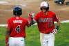 JOHN WOODS / WINNIPEG FREE PRESS
Winnipeg Goldeyes' James Harris congratulates Wes Darvill after hitting a two-run homer against the Sioux Falls Canaries during American Association baseball play at Shaw Park on Wednesday.