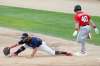 JOHN WOODS / WINNIPEG FREE PRESS
Fargo-Moorhead RedHawks&rsquo; Daniel Comstock was upset Sunday afternoon after being called out at first, as it appears Winnipeg&rsquo;s Kyle Martin is not touching the bag.