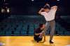 Columnist Jen Zoratti tries stage combat with fight director Jacquie Loewen at the Tom Hendry Warehouse Theatre in Winnipeg. (Mikaela MacKenzie / Winnipeg Free Press)