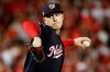 Washington Nationals' Patrick Corbin throws during the first inning of Game 4 of the baseball National League Championship Series against the St. Louis Cardinals Tuesday, Oct. 15, 2019, in Washington. (AP Photo/Jeff Roberson)