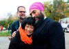 NDP leader Jagmeet Singh, hugs Olivia Chow, widow of former NDP leader Jack Layton as they make an announcement at Jack Layton Park during a campaign stop in Hudson, Que., on Wednesday, October 16, 2019. THE CANADIAN PRESS/Nathan Denette