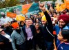 NDP leader Jagmeet Singh, second right, dances with supporters and candidates during a campaign stop in Brampton, Ont., on Saturday, October 12, 2019. THE CANADIAN PRESS/Nathan Denette