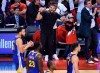 Rapper Drake yells at Golden State Warriors players while playing against the Toronto Raptors during first half Game 5 NBA Finals basketball action in Toronto on Monday, June 10, 2019. THE CANADIAN PRESS/Nathan Denette