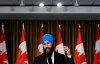 NDP Leader Jagmeet Singh speaks with reporters following the results of the 2019 federal election in Burnaby, B.C., Tuesday, Oct. 22, 2019. THE CANADIAN PRESS/Nathan Denette