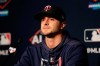 FILE - In this Saturday, Oct. 5, 2019, file photo, Minnesota Twins starting pitcher Jake Odorizzi talks to reporters during a baseball news conference at Yankee Stadium in New York. Odorizzi accepted Minnesota’s one-year qualifying offer to put him under contract for 2020, after his first career All-Star game appearance. (AP Photo/Seth Wenig, File)